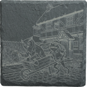 Home slate coaster "the tipsy acorn" "drunk rabbit driven home by wife"